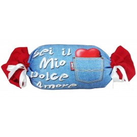 Cuscino a Forma di Caramella Effetto Jeans con Frase 'Sei il Mio Dolce Amore' - 40x25 cm