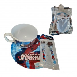 Spiderman Set Colazione 3 Pezzi + Zainetto Trasparente Tazzone Piatto Piano Posate Marvel