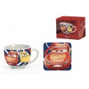"Tazzone in Ceramica Disney Cars Saetta Mc Queen con Sottobicchiere - Tazza Colazione Bambino, Dimensioni H. 8 x D. 10 Cm