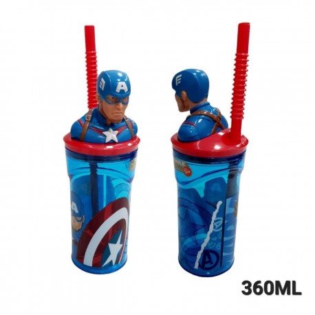 BICCHIERE CON CANNUCCIA RIPIEGABILE CAPITAN AMERICA MARVEL PERSONAGGIO 3D BPA FREE 360 ml  BAMBINO