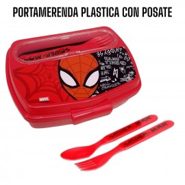 Portamerenda con posate forchetta e cucchiaio Spiderman Marvel Porta Pranzo Scuola Tempo Libero Bambino