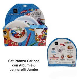 SET PAPPA CARIOCA PIATTO PIANO PIATTO FONFO E BICCHIERE 6 PENNARELLI JUMBO+ALBUM DA COLORARE