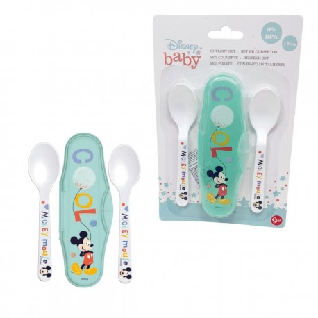 Set 2 Posate con Astuccio Mickey Topolino Disney Posate per bebè Cucchiaio in plastica senza BPA