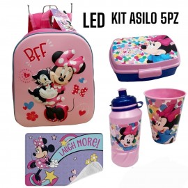 Set Scuola Asilo 5 pz-Minnie Disney School Pack Completo Zaino 3D con led-Borraccia Bicchiere Portamerenda Tovaglietta