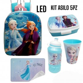 Set Scuola Asilo 5 pz-Frozen Disney School Pack Completo Zaino 3D con led-Borraccia Bicchiere Portamerenda Tovaglietta