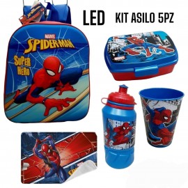 Set Scuola Asilo 5 pz-Spiderman Marvel School Pack Completo Zaino 3D con led-Borraccia Bicchiere Portamerenda Tovaglietta