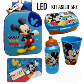 Set Scuola Asilo 5 pz-Mickey Disney School Pack Completo Zaino 3D con led-Borraccia Bicchiere Portamerenda Tovaglietta
