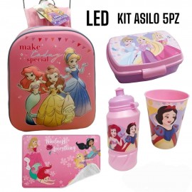 Set Scuola Asilo 5 Pezzi - Principesse Disney Completo con Zaino 3D con LED, Borraccia, Bicchiere, Portamerenda e Tovaglietta