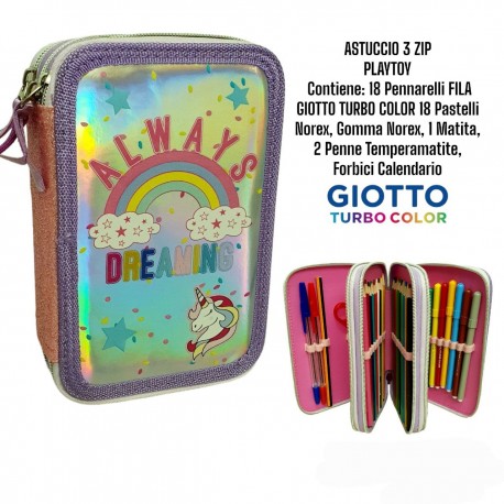 ASTUCCIO SCUOLA UNICORNO DISNEY 3 ZIP/CERNIERE PORTA COLORI CARIOCA CM. 20X13X6