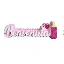 Scritta Polistirolo "Benvenuto" con Biberon e Cuore Decorativo - Centro Tavola Nascita, Dimensioni 30x12x6 cm
