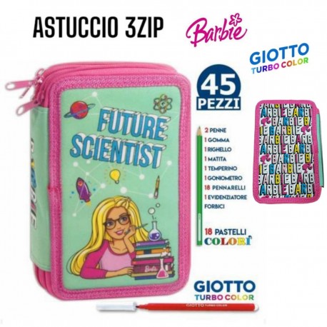 ASTUCCIO SCUOLA BARBIE  MULTISCOMPARTO 3 ZIP PORTACOLORI PENNARELLI GIOTTO