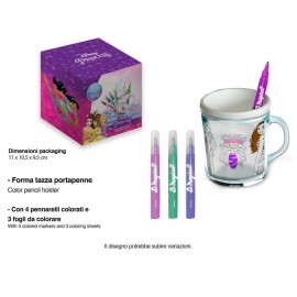 Tazza Portapenne Principesse Disney con Pennarelli e Fogli da colorare idea regalo Bambina