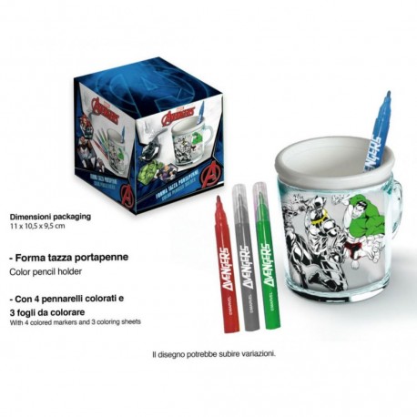 Tazza Portapenne Avengers Marvel con Pennarelli e Fogli da colorare idea regalo Bambino