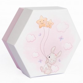 Scatola esagonale rosa Porta Confetti  con 2 scomparti decoro Coniglietto Rosa cm 8x8x4 – 20 pz-