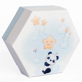 Scatola esagonale rosa Porta Confetti  con 2 scomparti decoro Panda Celeste cm 8x8x4 – 20 pz-