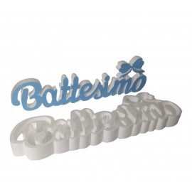 Scritta Portaconfetti 2 in 1 Battesimo Celeste con Fiocco in Polistirolo 60 x 15 x 6 cm. Vassoio per Confettate