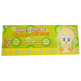 BIGLIETTI INVITI COMPLEANNO BAMBINA DISNEY TWEETY LOOUNE TOUNES PZ.12 CM.22.5 X CM.7.6