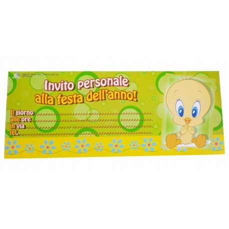 BIGLIETTI INVITI COMPLEANNO BAMBINA DISNEY TWEETY LOOUNE TOUNES PZ.12 CM.22.5 X CM.7.6