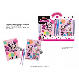 Set Due  Diari Segreto Con Lucchetto E Chiavi Minnie Disney con Penne Gel Glitterate Colorate idea regalo Bambina