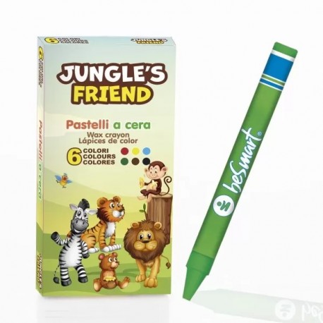 BOX 6 PASTELLI CERA JUNGLE'S FRIEND 5X10 REGALINI FESTA GADGET COMPLEANNO PARTY BOMBONIERA BAMBINI