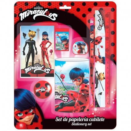 Set Cancelleria Miraculous Disney con Bicchiere Portapenne 20x25 cm Regalo Bambina scuola e tempo libero Lady Bugs