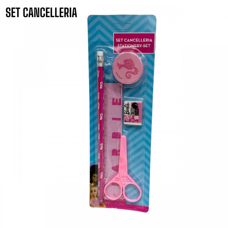 set-cancelleria-5pz-barbie-righello-matita-temperamatita-gomma