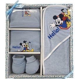 Set 4pz Confezione Regalo Disney Baby Mickey Cielo - Accappatoio, Bavetta, Cappellino, Scarpine