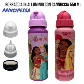 Borraccia in Alluminio con Cannuccia 550 ml - Principesse Disney, Tappo a Scomparsa - Ideale per Scuola e Tempo Libero