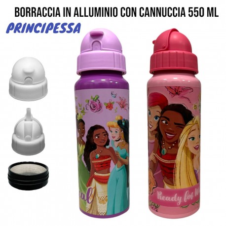 Borraccia in Alluminio con Cannuccia 550 ml - Principesse Disney, Tappo a Scomparsa - Ideale per Scuola e Tempo Libero