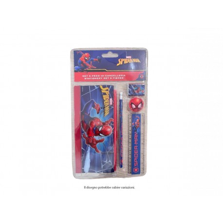 Set Scuola 5 Pezzi Spiderman Marvel – Astuccio, Matita con Gomma, Temperamatite, Gomma e Righello – Kit Completo per Bambini