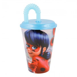 Bicchiere in Plastica Miraculous Ladybug Disney con Cannuccia - 430ml per Scuola e Tempo Libero