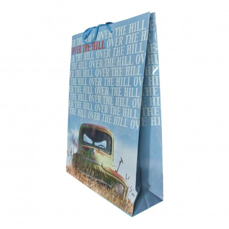 Shopper Regalo "Over the Hill" in Carta con Chiudipacco – Busta Vintage con Auto d’Epoca – Manici in Cordino 25x35x10 cm