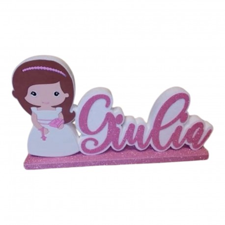 Decorazione Comunione Personalizzata con Nome in Polistirolo – Angioletto 60 cm Rosa Glitter per Tavolo Festa o Foto