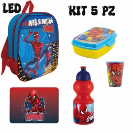 Set Scuola Asilo 5 pz Spiderman Marvel con Zaino 3D LED - Borraccia, Bicchiere, Portamerenda e Tovaglietta