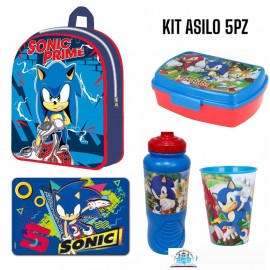 Set Scuola Asilo Sonic 5 Pezzi – Zaino 30 cm, Borraccia, Porta Merenda, Bicchiere e Tovaglietta