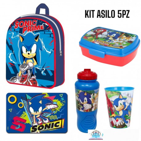 Set Scuola Asilo Sonic 5 Pezzi – Zaino 30 cm, Borraccia, Porta Merenda, Bicchiere e Tovaglietta