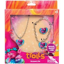 Trolls set gioielli di metallo in confezione regalo: collana, braccialetto e anello 15x3x15 cm