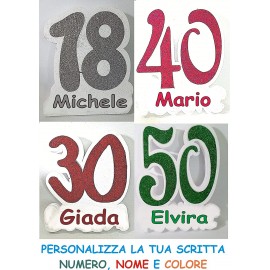 NUMERO CON NOME PERSONALIZZATO POLISTIROLO GLITTER 18 25 30 40 50 PARTY FESTA COMPLEANNO ANNIVERSARI