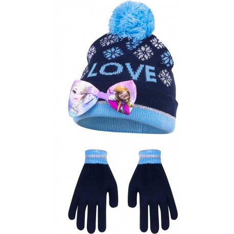 SET 2PZ DISNEY CAPPELLO CAPPELLINO GUANTI Frozen – La regina di ghiaccio – Berretto invernale + guanti Anna & ELSA (blu, 54)