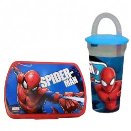 Set Merenda Marvel Bicchiere con Cannuccia + Box Porta Pappa-colazione Spiderman Uomo Ragno