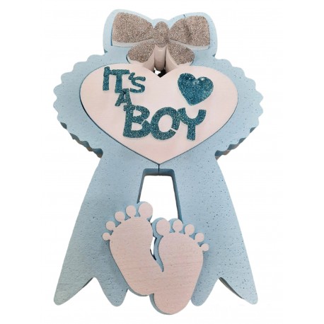 Coccarda Nascita Celeste con Fiocco Cuore e Piedini in Polistirolo - 40 cm